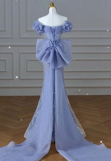 Luxury Big Bow Train Mermaid Sequined Dusty Prom Dress